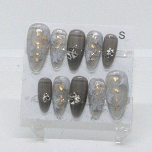 handmade smoke grey gold round long press on nails